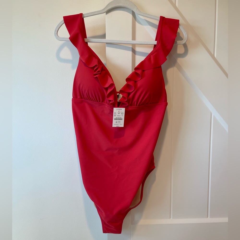 J. Crew Red Ruffle One Piece Swimsuit